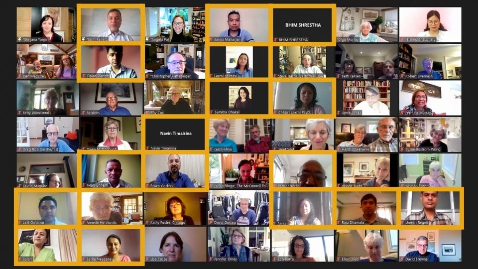A gallery screengrab from the Founder's Day 2022 Zoom call, with multiple people (Nepal staff members) highlighted with an orange border.