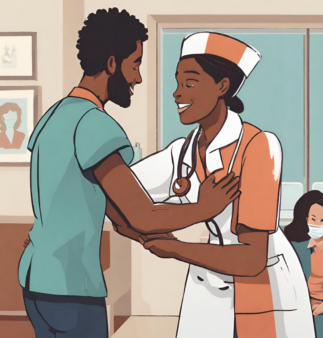 An AI-generated illustration of a young Nepali man being welcomed to the NLC by a smiling nurse. "Bikram" received the NLC's original services and now he is receiving the expanded services as well.
